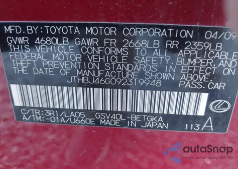 2009 Lexus Es 350 z USA, uszkodzony, nr VIN JTHBJ46G092319948